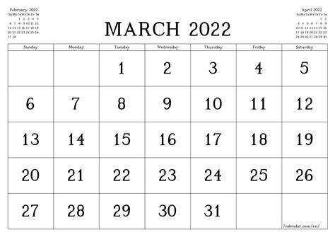 Monthly Calendar March 2022