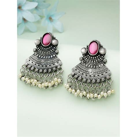 Buy Moedbuille Pink Mirrors and Pearls Studded Oxidised Silver Plated ...