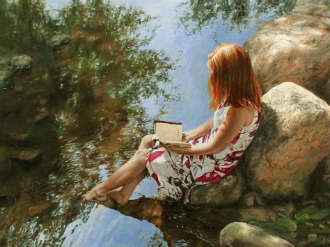 Download wallpaper girl, stones, dress, book, river, painting, reads ...