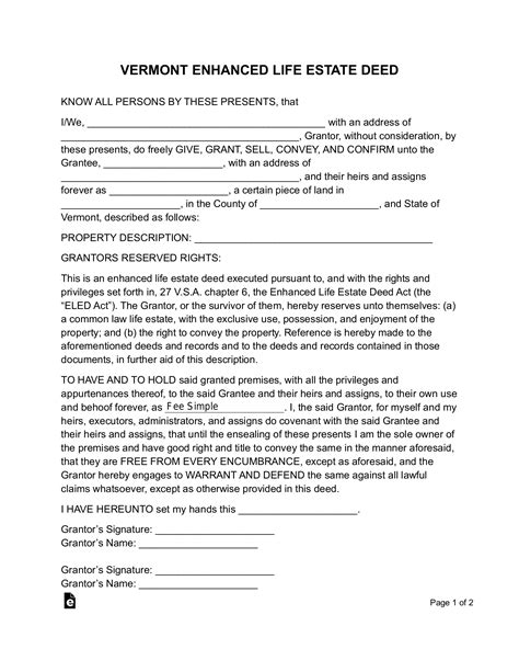 Free Vermont Lady Bird Deed Form (Enhanced Life Estate) - PDF | Word ...