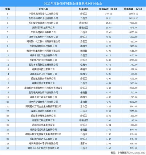 2022年岳阳制造业土地投资TOP30企业榜单出炉，涉地面积超528公顷-中商情报网