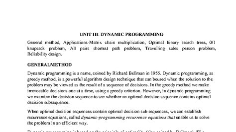 DAA UNIT III - Dynamic Programming Techniques and Applications - Studocu