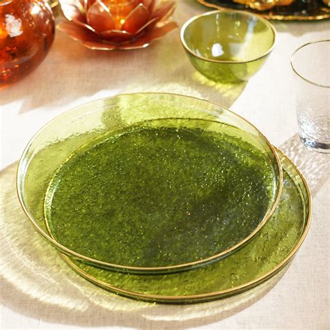 Set of 2 Green Textured Rim Detail Dinner Plates