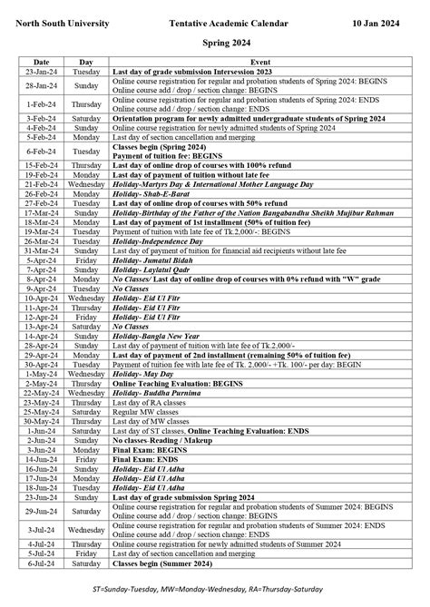 Academic Calendar Spring 2024 - Graduate Studies, NSU