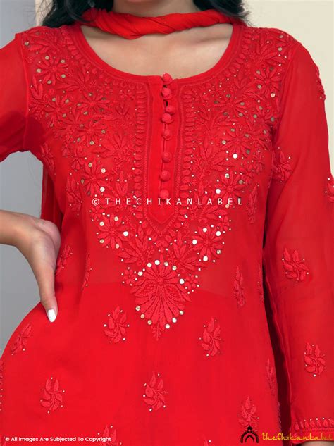 Red Haya Viscose Chikankari Kurta Set