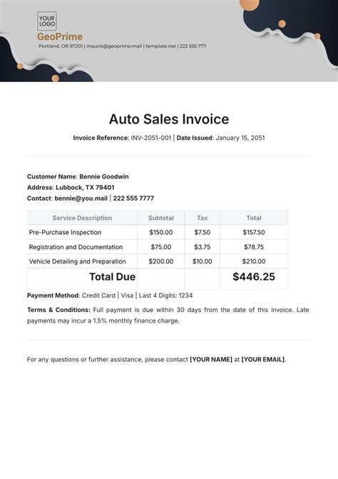 Free Auto Sales Invoice Template to Edit Online
