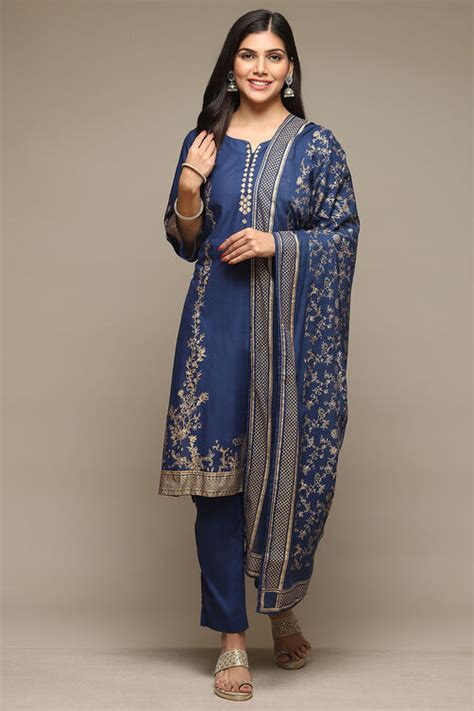 Navy Cotton Straight Kurta Pant Suit Set
