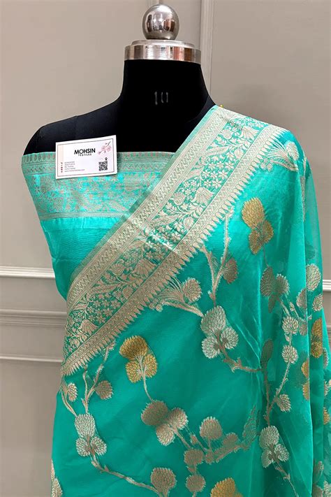 Sea Green Golden Zari Organza Silk Banarasi Saree – Mohsin Textiles