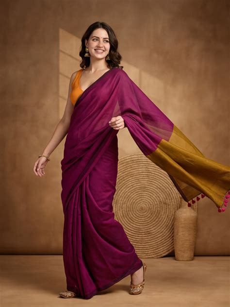Solid Pure Cotton Saree with Unstiched Blouse - Jaipur Kurti