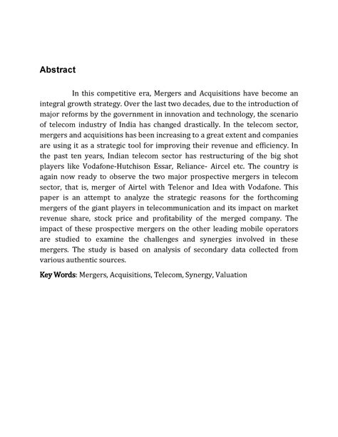 Merger & acquisition on idea and Vodafone - Abstract In this ...