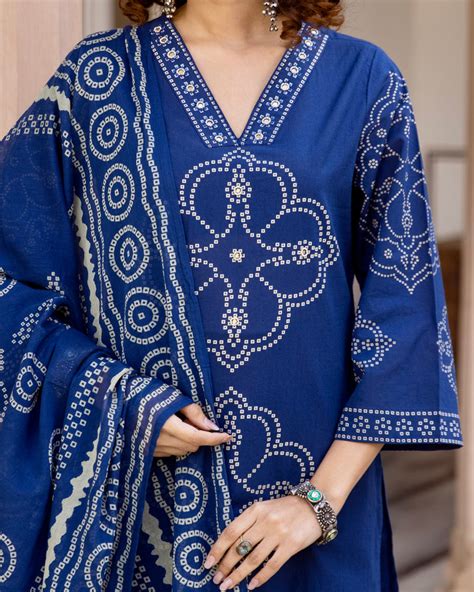 Sapphire Blue 3 Piece Bandhej Prints Premium Comfy Cotton Suit For ...