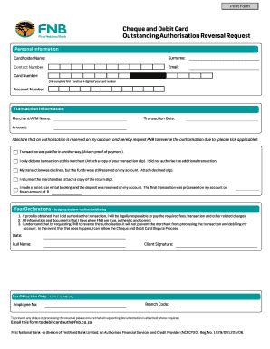 2011-2026 Form ZA FNB Cheque and Debit Card Outstanding Authorisation ...