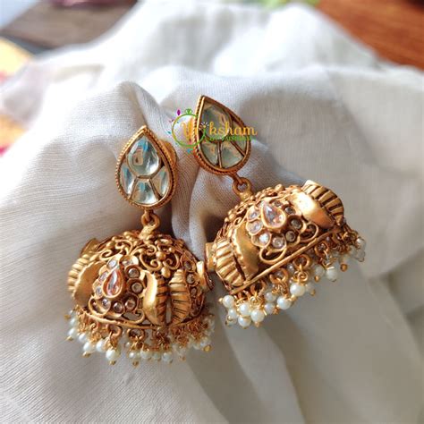 Kundan and AD stone Jhumkas -White -G983 – vrikshamindia