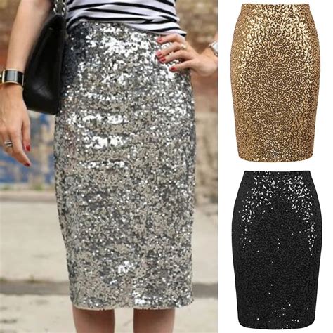 Women Sequined Skirts High Waist Bodycon Shiny Pencil Skirts Ladies ...