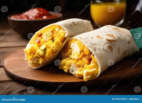 Breakfast Burrito, Filled with Scrambled Eggs, Cheese, and Salsa Stock ...