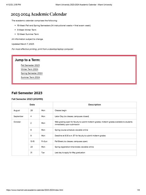Miami University 2023-2024 Academic Calendar - Miami University | PDF ...