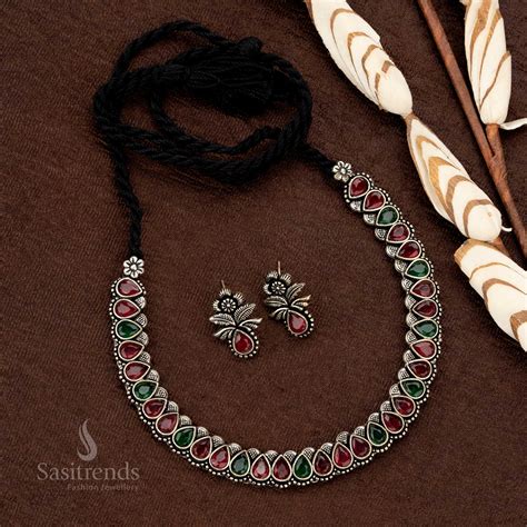 German Silver Oxidised Necklace Set with Monalisa Stones and Earrings ...