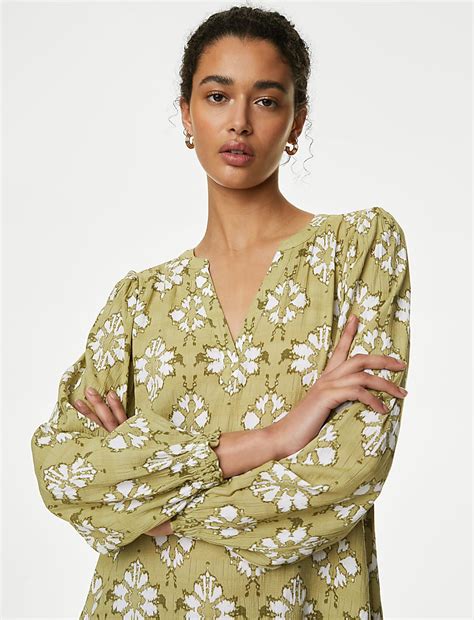 Buy Cotton Blend Printed V-Neck Mini Shift Dress at Marks & Spencer