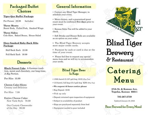Menu at Blind Tiger Brewery & Restaurant, Topeka