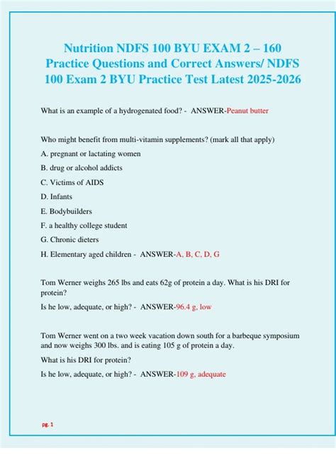 Nutrition NDFS 100 BYU EXAM 2 - 160 Practice Questions and Correct ...