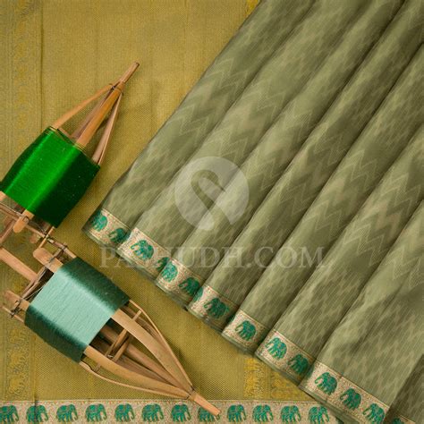 Sage Green - Beige Ikat Fusion Pure Kanjivaram Handloom Silk Saree *D6 ...