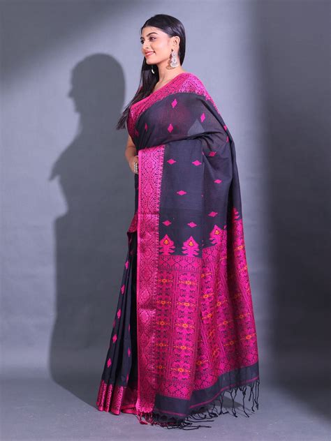 Black Cotton Handwoven Saree With Nakshi Patterns – Charukriti