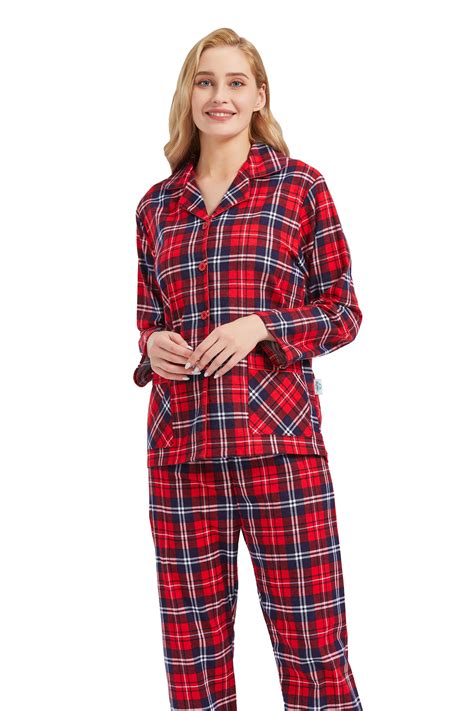 GLOBAL Womens Flannel Cotton Pajama Set Long PJs Flannel Loungewear ...