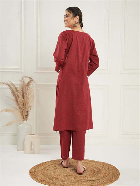 Ruby Maroon Kantha V Neck Kurta Pant Set