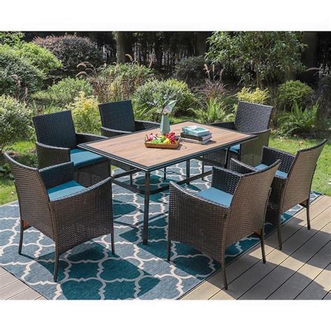Buy Black 7-Piece Metal Patio Outdoor Dining Set with Wood-Look ...