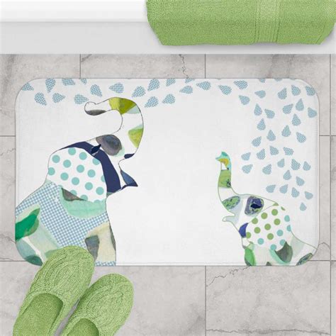 Kids Blue and Green Bath Mat With Happy Blue Elephants – Fun Bathroom ...