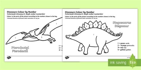 Dinosaurs Colour by Number English/Romanian - Dinosaurs Colour by Number