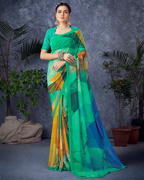 Vishal Prints Dark Mint Green Digital Print Georgette Saree