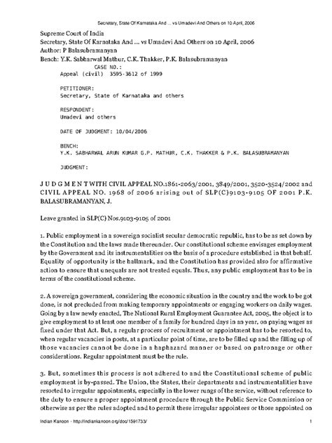 Secretary State Of Karnataka And vs Umadevi And Others on 10 April 2006 ...