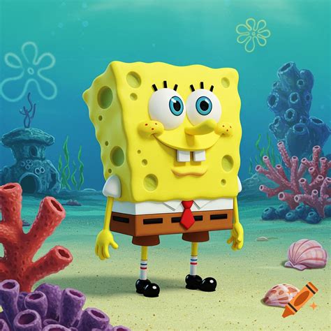 Spongebob Squarepants stands smiling underwater surrounded by coral ...