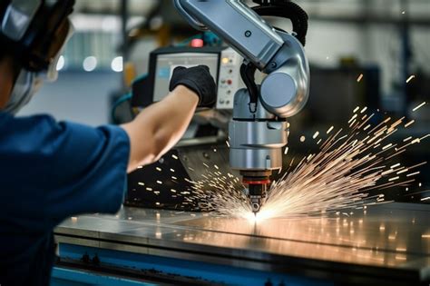 Worker monitoring cobot performing precision cutting | Premium AI ...