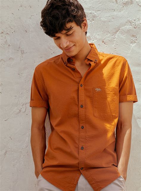 Buy Sienna Seersucker Shirt | Casual Orange Solid Shirts for Men Online ...
