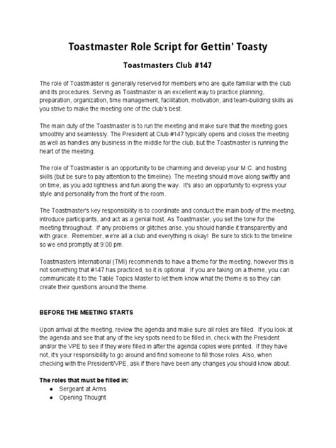 Image result for Toastmaster Role Script