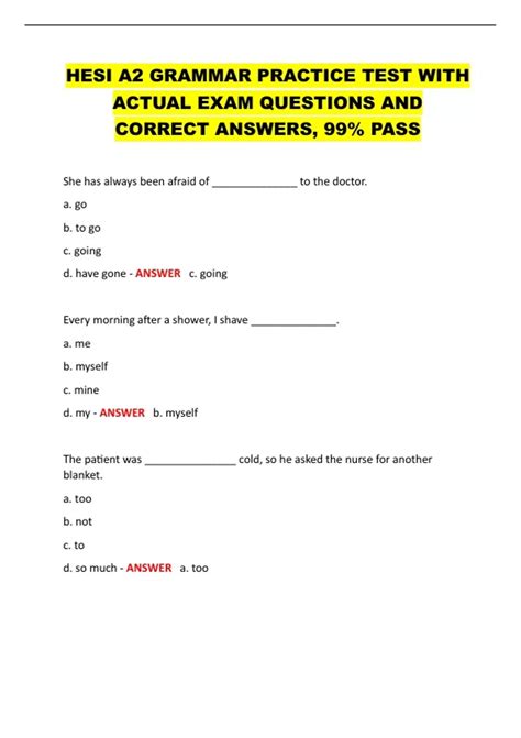 HESI A2 GRAMMAR PRACTICE TEST WITH ACTUAL EXAM QUESTIONS AND CORRECT ...