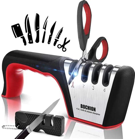 BOCHION Professional Knife Sharpener | 4 in 1 Manual Kitchen Knife & Scissor Sharpeners with ...