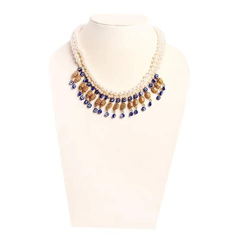 Artificial white pearl bead & evil eye glass bead necklace ...