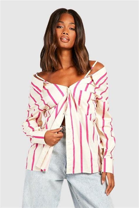 Pink Stripe Col Shoulder Oversized Shirt | boohoo UK