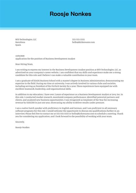 Business Development Analyst Cover Letter Sample | Kickresume