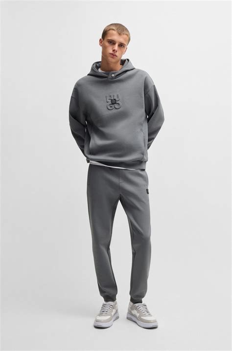 HUGO - Interlock cotton-blend hoodie with stacked logos - Grey