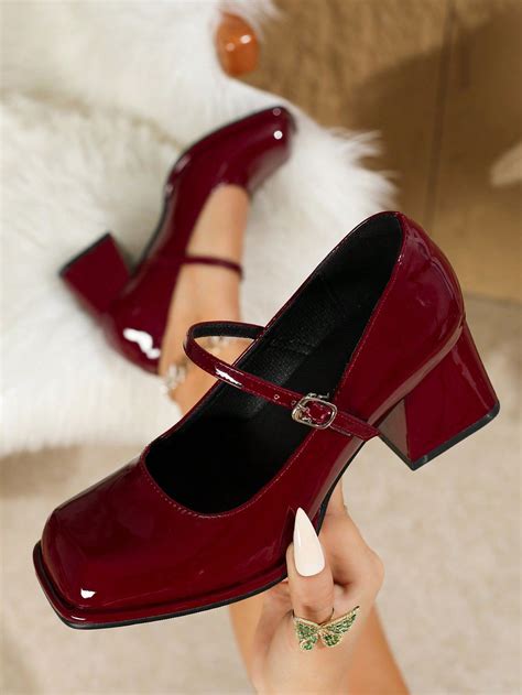 Women's Small Size Chunky Heeled Mary Jane Shoes, Round Toe Red ...