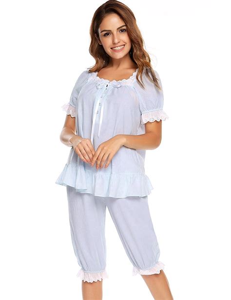 Womens Cotton Pajama Set Victorian Vintage PJ Sleepwear with Short ...