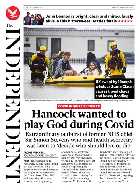 Independent Front Page 3rd of November 2023 - Tomorrow's Papers Today!