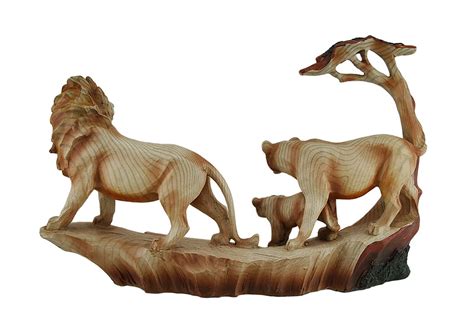 Zeckos African Lion Family Carved Wood Look Resin Statue- Buy Online in ...