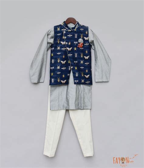 Blue Printed Nehru Jacket with Grey Kurta Pant for Boys – FayonKids