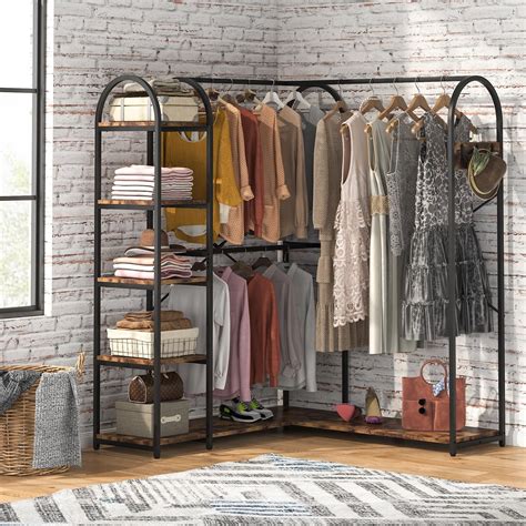 L shape clothes rack corner garment rack with storage shelves and ...