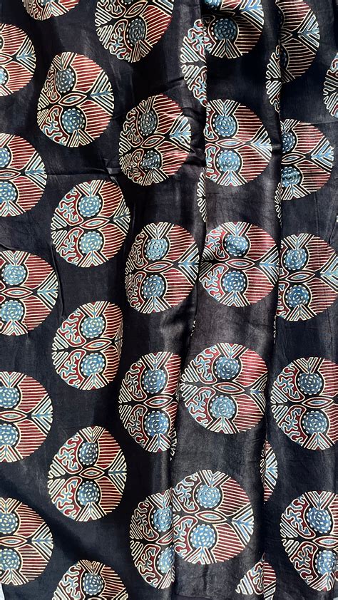 Majestic Black Circle Motif Ajrakh Mashru Silk Fabric – Desisass
